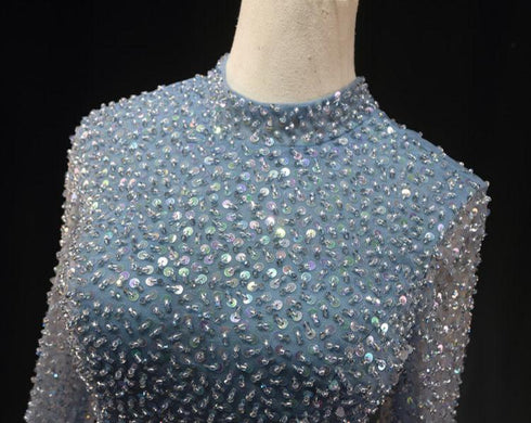 Light Blue Sequin Ball Gown Wedding Dress - Long Sleeve Wedding Dress - Sheer Corset Wedding Dress Plus Size